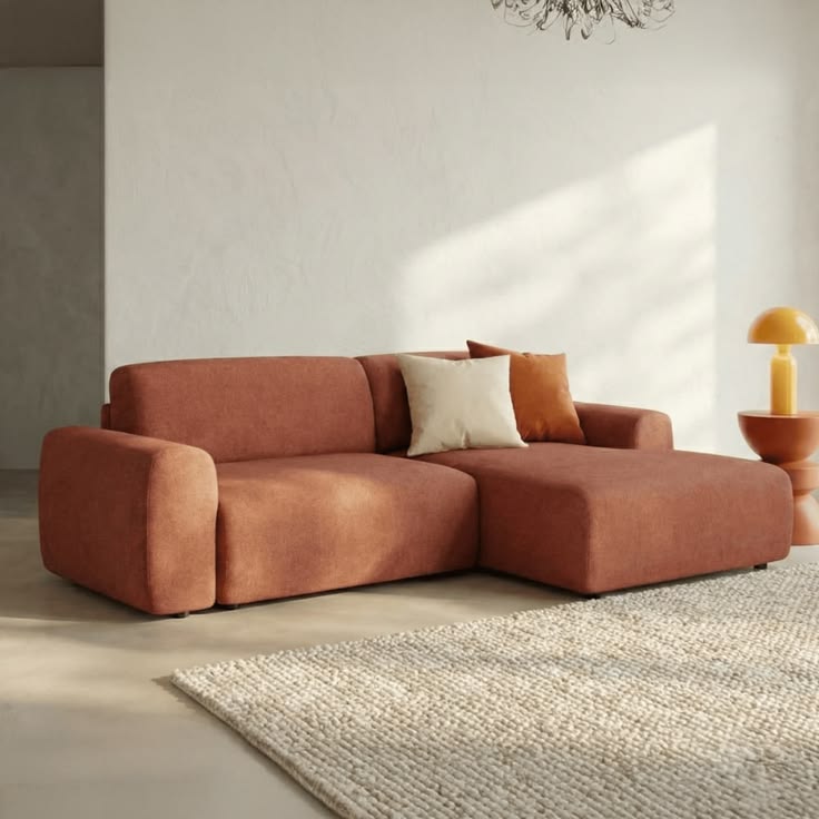 Canapé d'angle convertible 5 places en tissu chenille terracotta Homifab