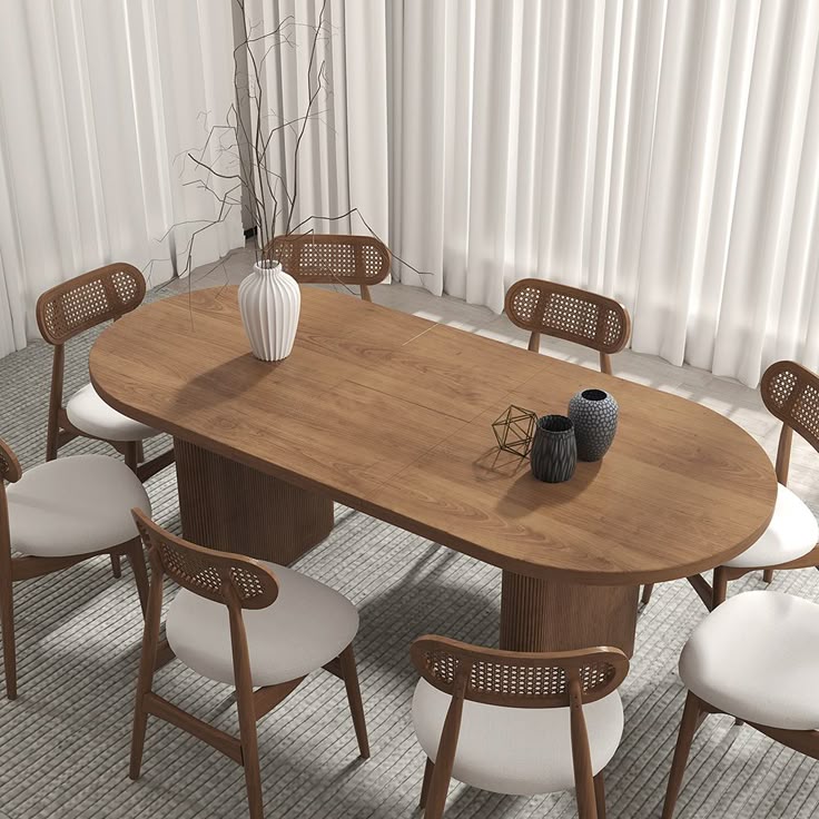 Extendable Japandi Dining Table, Natural Walnut, Oval Shape | homary