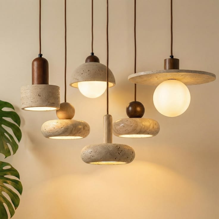 Lampe à suspension en travertin Wabi Sabi, lampe à suspension minimaliste en pierre, éclairage d'îlot de cuisine Japandi